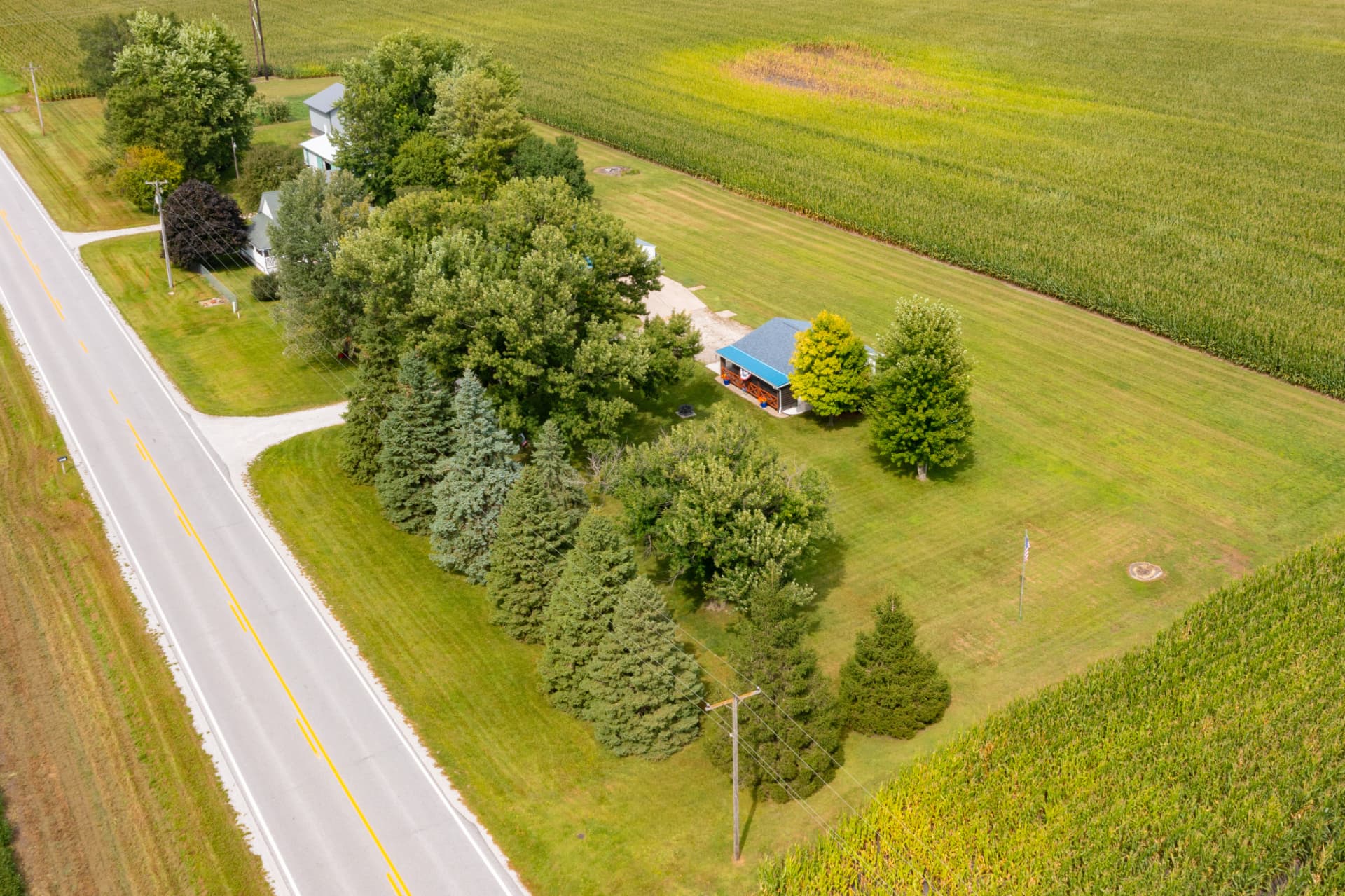 Aerial view of the property from the road showing farm fields and the tree-lined lot